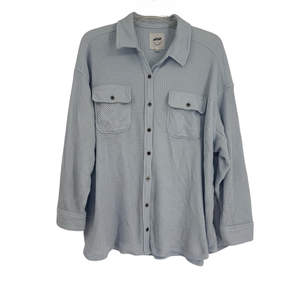 Aerie LumberJane blue Waffle Knit Button Down Shirt Womens Size Small oversized